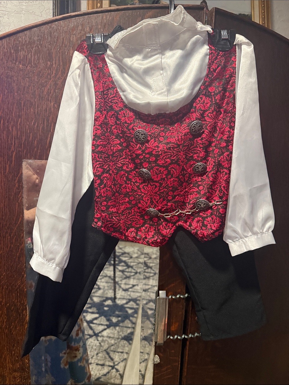 Burgundy Brocade Vest Top with White Shirt & Cape - Childs Dracula Costume